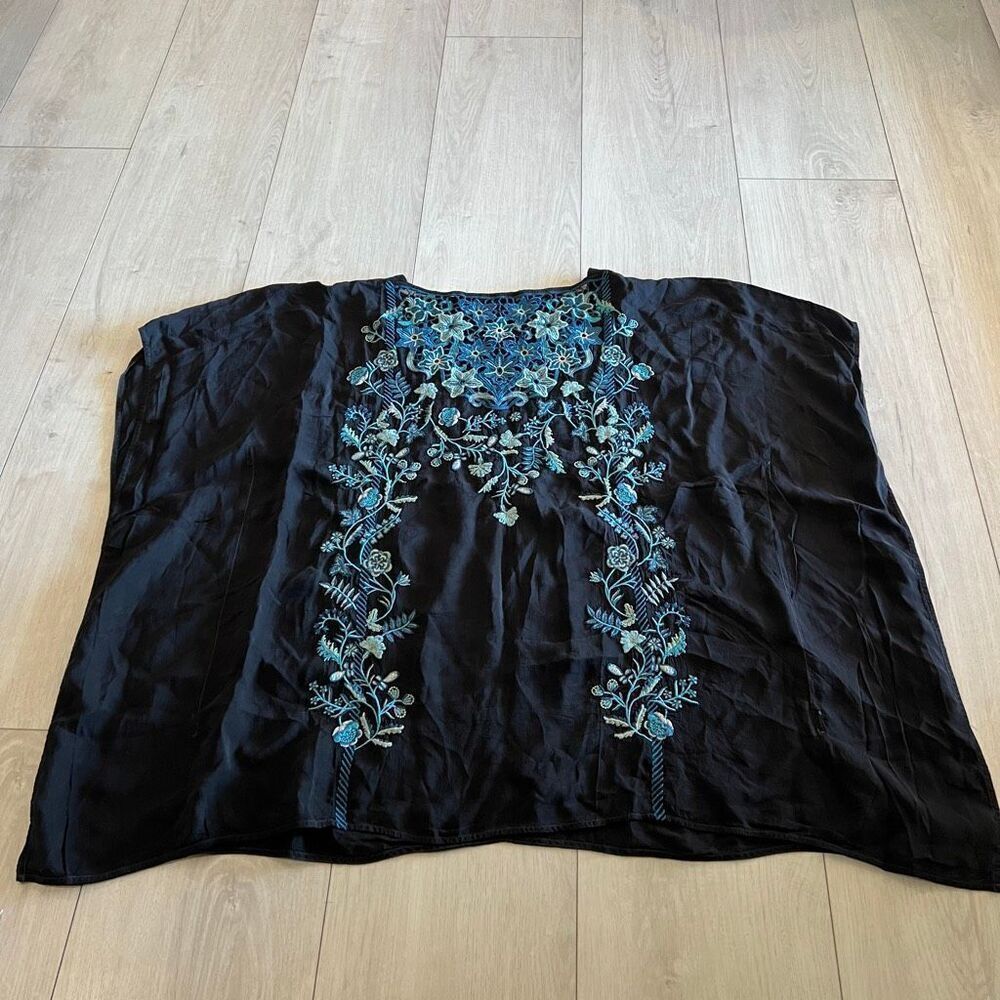 Embroidered Black Women's Top with Blue Floral Detail